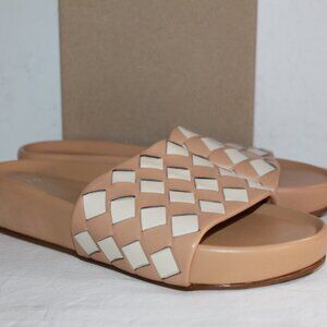 NEW Beek Pelican Woven Tan White Check Houndstooth Mini Wedge Platform Sandals 9